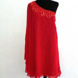 Marineblu, Red one shoulder embellished top, with sequins / rhinestone design